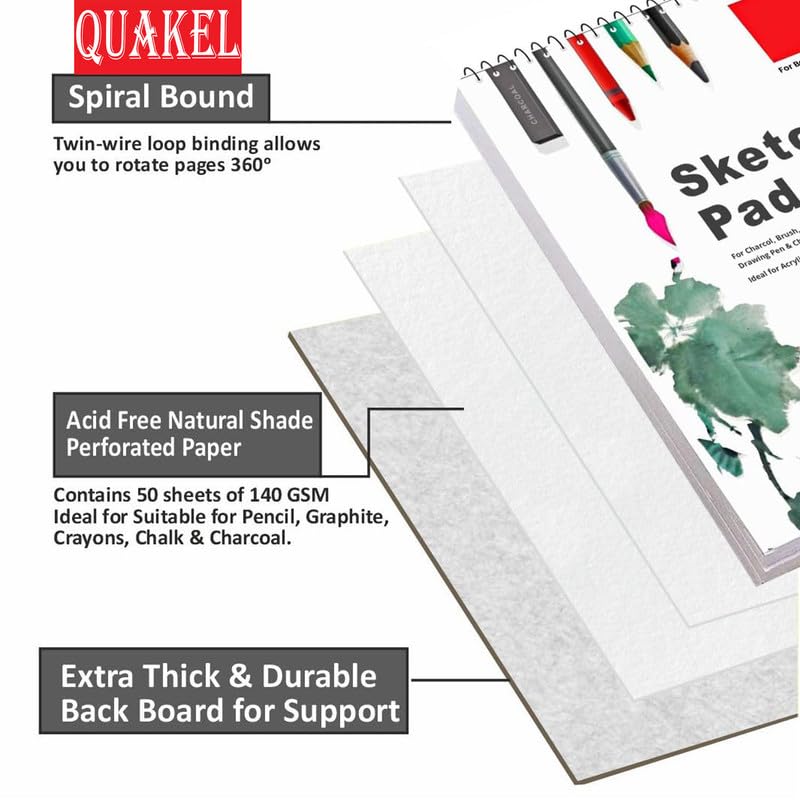QUAKEL (AK-2) A5 Sketchbook | 50 Sheet | 140GSM | Durable Acid Free Drawing Paper |Top Spiral-Bound Sketchpad for Artists Kids & Professionals for Marker Colored Pencil Charcoal 6