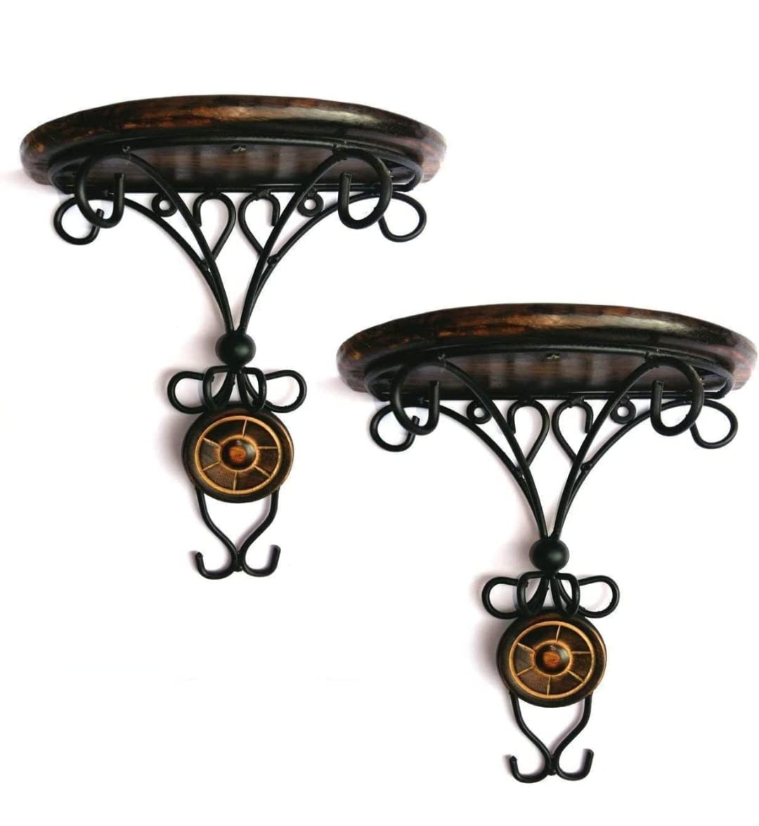 MHS DECOR Wood & Wrought Iron Fancy Wall Bracket (Pack of 2, Brown) 1