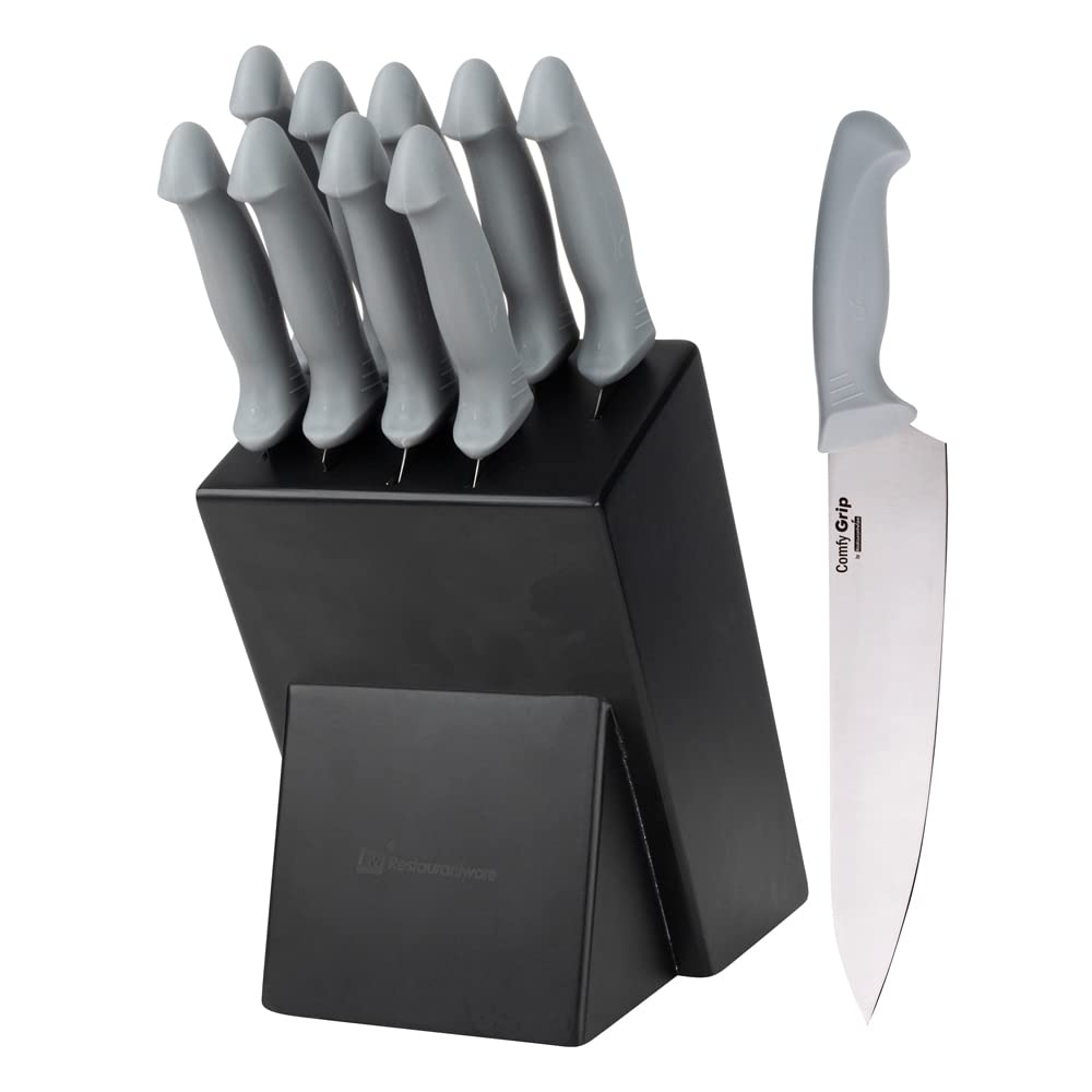 Restaurantware Comfy Grip Knife Set With Holder 1 Sharp 9-Piece Knife Set - Ergonomic Handle Non-Slip Grip Gray Stainless Steel Kitchen Knife Set Dishwashable Includes Knife Holder 1