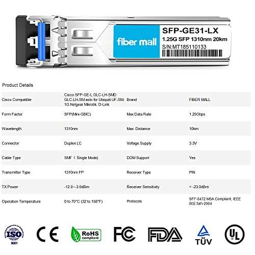 1G SFP LX for Cisco SFP-GE-L GLC-LH-SMD GLC-LH-SM Ubiquiti UF-SM-1G Netgear AGM732F Mikrotik S-31DLC20D D-Link DEM-310GT 1000BASE-LX/LH 1310nm 20km DOM Transceiver Module 3