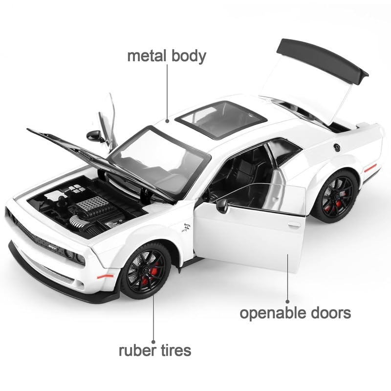 RJKD New 1:24 Dodge Challenger Alloy Die-Cast Metal Car Pull-Back Action with Openable Doors Realistic Sound and Light Effects Car for Kids - White 4