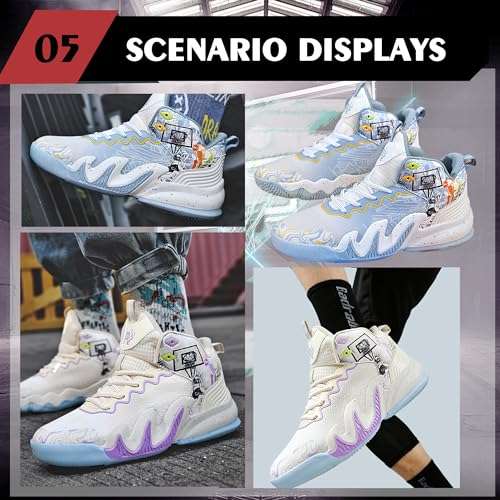 CJSPORX Unisex's Basketball Shoes Breathable Men Non Slip Outdoor Fashion Women Sneakers White&Blue-3 Size 10-1 6