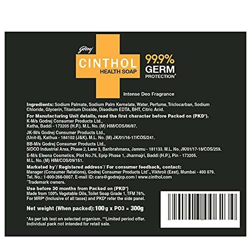 Cinthol Health+ Bath Soap, 100g (Pack of 3) - 99.9% Germ Protection & Insta Deo Fragrance 3