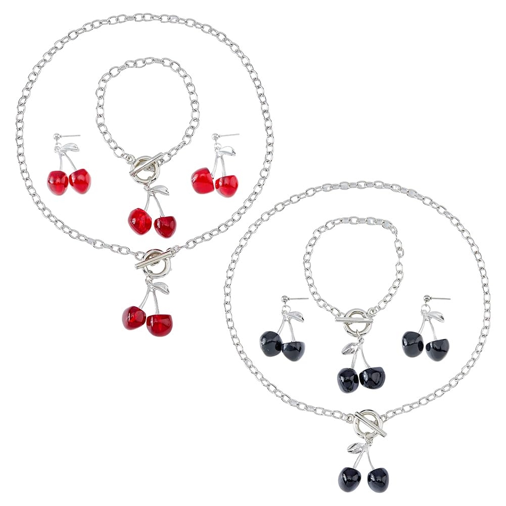 UNICRAFTALE 8Pcs 2 Colors Cherry Jewelry Set Cherry Necklace Bracelet Fruit Dangle Stud Earrings Fashion Cherry Pendant Necklace Food Drop Earring Red Cherry Chain Bracelets Birthday Wedding 1