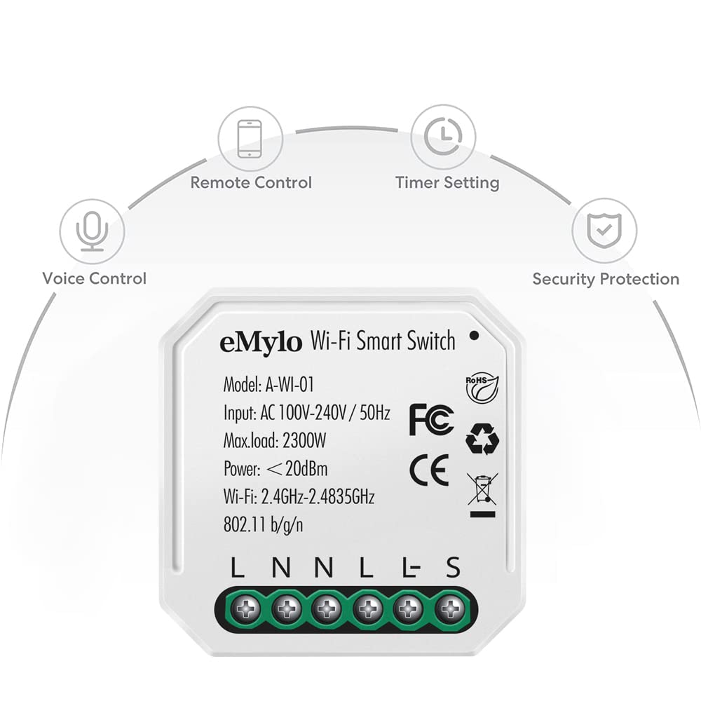 eMylo Mini Smart WiFi Relay Switch Wireless Remote Control WiFi Light Switch AC 220V 1 Gang Built-in Switch Relay Module 16A DIY Timer Voice Control for Home Automation Compatible with Alexa Echo 4