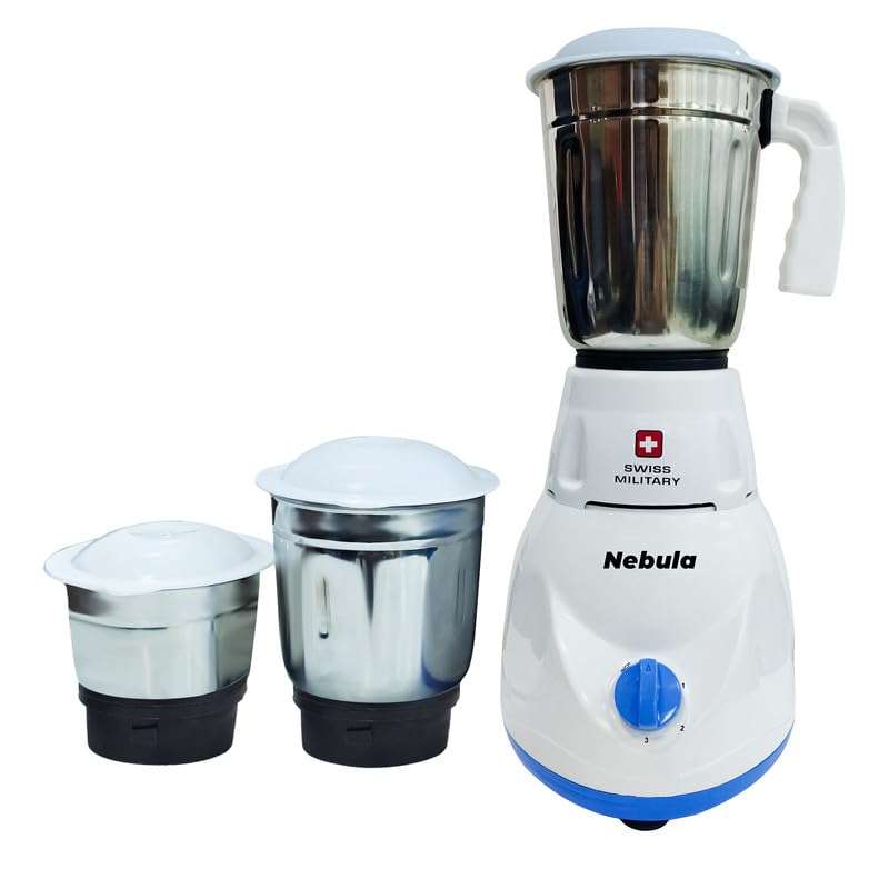 Swiss Military Nebula Juicer Mixer Grinder, 3 Stainless Steel Jars, ABS body and Premium Stainless Steel Blades, Auto Power Cut, 230 Volts, 500 Watts, 50Hz, 18,500 RPM Speed, 2 Year Warranty, White, 1 1