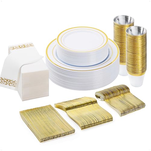 BESTVIP 175 PCS Gold Dinnerware Set for 25 Guests, Plastic Dinnerware Set for Party, Wedding, Christmas, Halloween, Include: 50 Plastic Plates, 25 Gold Silverware, 25 Cups, 25 Paper Napkins 1