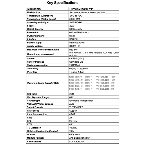 Viupolsor Notebook All-in-One Camera 120-Degree Distortion-Free/Autofocus 5MP Pixel Ov5640 Module USB Notebook Camera Module 6