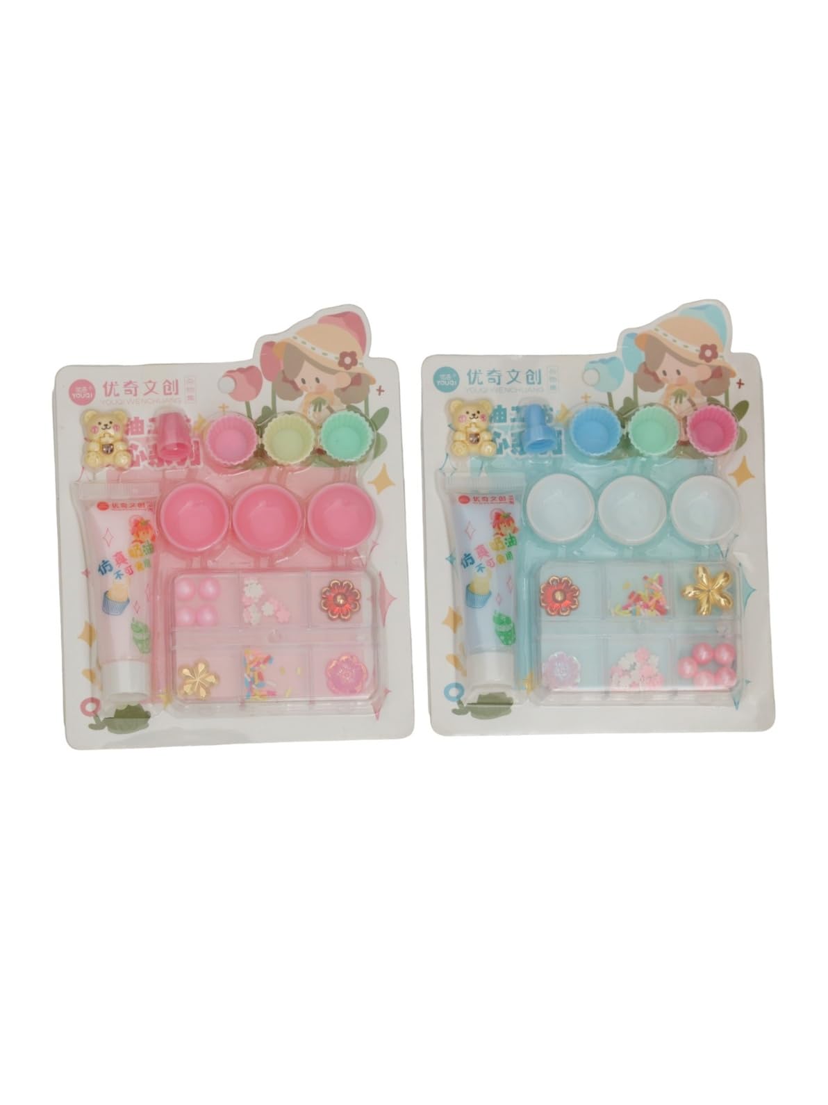 Yellow Bee Cup Cakes Themed DIY Resin Craft Kits with Beads and Sequins, 2 Sets, Blue & Pink