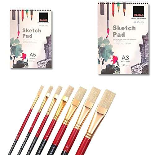 KAMAL Combo of Flat Wash Hog Hair Set of 7 with A5/A3 Sketch PAD Set of 2 140 GSM DOODLING, Painting, Sketching - Oil, Acrylic, Water, Poster Colours 1