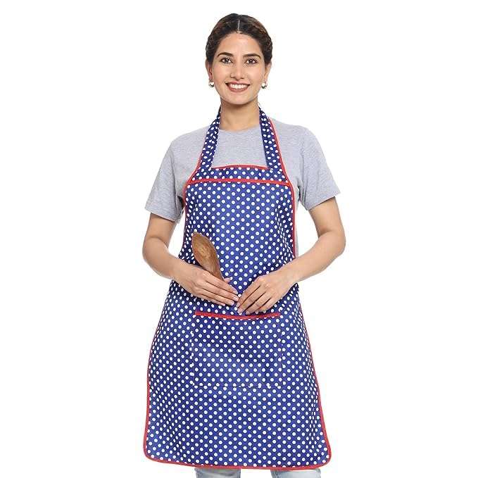 JMi Cotton Waterproof Kitchen Apron for Cooking – Washable Chef Apron for Men & Women | Printed, Polka Dot, Plus Size, Home & Cleaning Apron RED & BLUE (Free, MULTI - 1, 2) 5