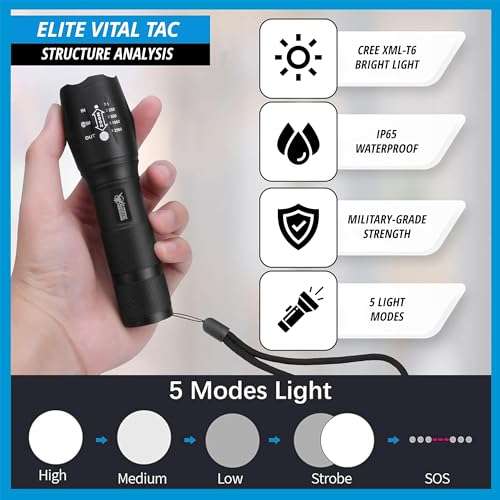 FREEZE2TRIM Vital Tac Flashlight, Elite Tac USA Tactical Flashlight, Battery Powered LED Flashlight VitalTac Flashlight High Lumens Military Grade 2000 Lumens 5 Modes Zoom, SOS, Ultra Bright Torch 3