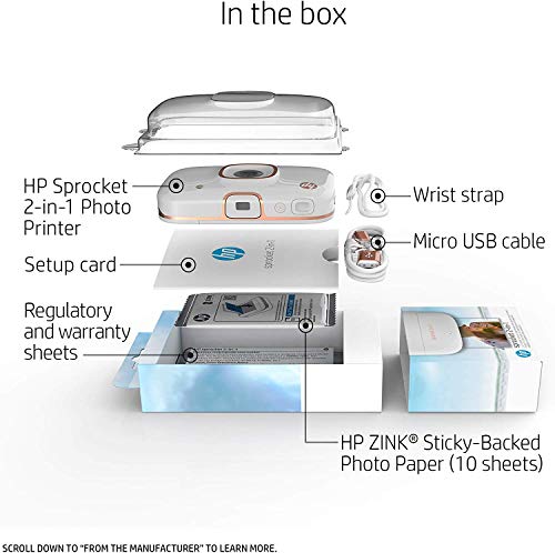 HP Sprocket 2-in-1 Portable Photo Printer & Instant Camera, print social media photos on 2x3" sticky-backed paper (2FB96A), 2:1 White, 4.8 x 3 x 1.1 6