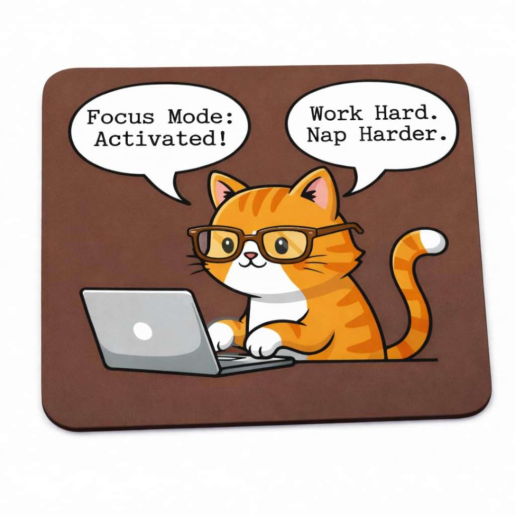 Funny Cat Mouse Pad with Focus Mode Activated Quote, Brown, Non-Slip Rubber Base, 3mm Cushioned Support, Office and Home Desk Accessory 1
