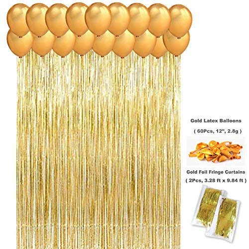 Jindal Party Products Metallic Fringe Foil Curtain for Birthday | Wedding | Anniversary Decoration Party || Size-3 Feet by 6 Feet (Golden-4Pcs) + HD Metallic Finish Balloons (Golden) Pack of 150 1