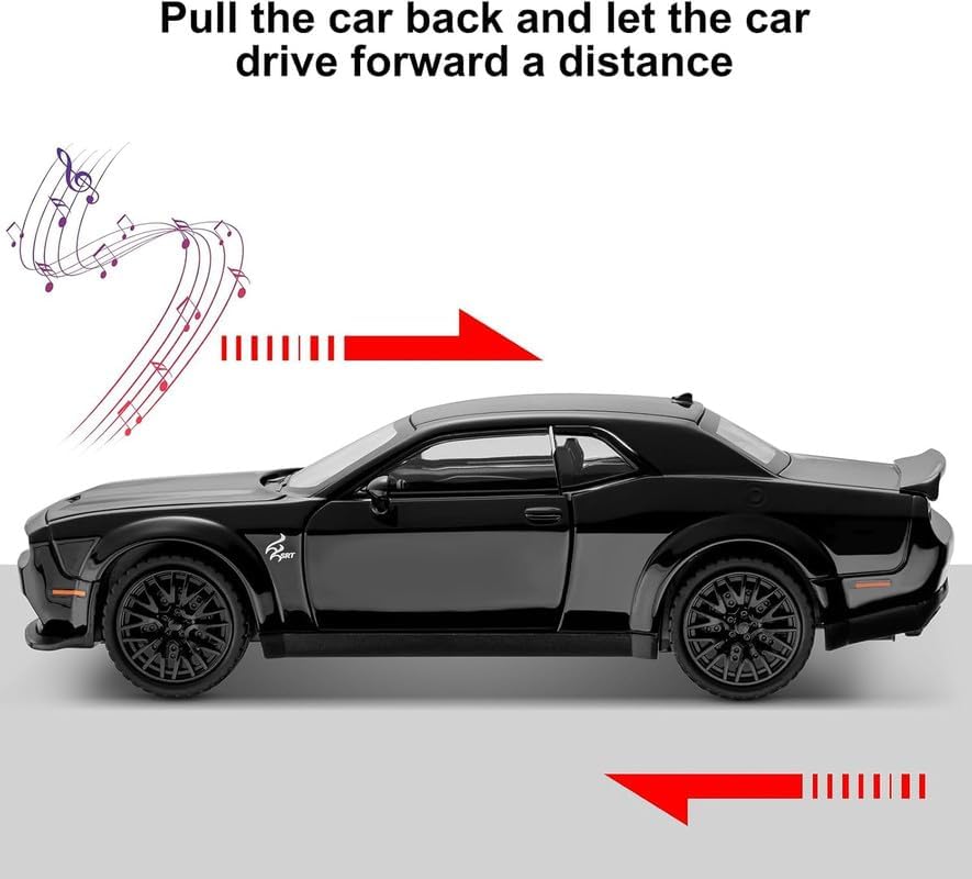 RJKD New 1:24 Dodge Challenger Alloy Die-Cast Metal Car Pull-Back Action with Openable Doors Realistic Sound and Light Effects Car for Kids - Black 5