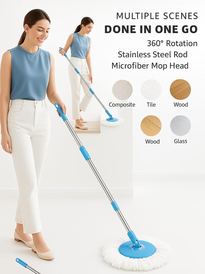 Generic Spin Mop with Microfiber Refill, Blue, 360-Degree Rotating Head, 107cm Extendable Steel Handle, Multi-Surface Floor Cleaning, Non-Slip Grip 5