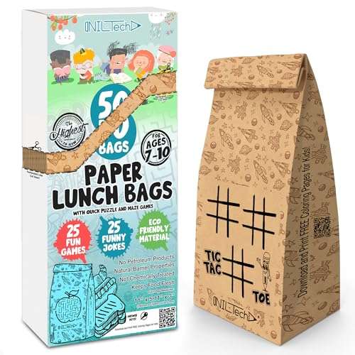 Kids Brown Paper Lunch Bags Disposable - Eco Friendly Kraft Paper Bags for School Snacks, Sandwich, Parties - 50pc Bulk Pack 1