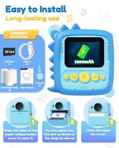 Kids Camera Instant Print, 1080P HD Digital Video Cameras for Kids with Print Paper & SD Card, Christmas Birthday Gifts for Girls Boys, Portable Dinosaur Toys for 3-10 Year Old Girls Boys- Blue 6