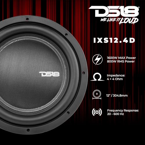 DS18 IXS12.4D Shallow Car Subwoofer - 12" 1600W MAX Power, 800W RMS, Dual Voice Coil, 4+4 Ohms Impedance (1 Speaker) 2