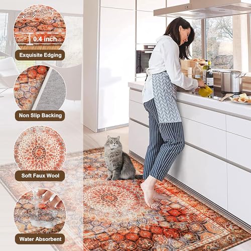 Boho Small Hallway Runner Vintage Faux Wool Throw Non Slip Washable Area Entryway Floor Carpet Red Orange Rug for Bedroom Bathroom Kitchen Laundry Entrance Office Dorm 4