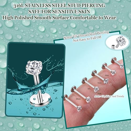FIBO STEEL 316L Stainless Steel 2Pcs 16G 3mm CZ Inlaid Lip Rings Labret Monroe Nose Studs Helix Earring Piercing, 6mm Bar Length 2