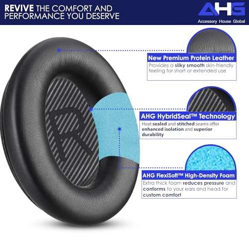 AHG Accessory House Global qc Replacement Ear Pads Cushions Compatible with Bose QuietComfort 35 II / QC35, QCSE, QCSC and QC45 Wireless Headphones (Black) - Premium Material | Extra Thick | Durable 2