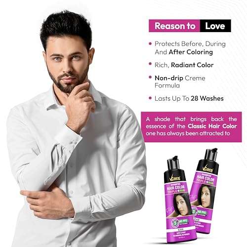 VCare Triple Plus Hair Colour Shampoo Black Hair Colour Shampoo, 180ml for Women and Men | Instant Easy Grey Coverage In 5 Minute Only Long Lasting Hair Color 3
