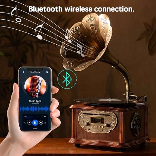 Wooden Phonograph Gramophone Turntable CD Player Stereo System Control 33/45 RPM FM AUX USB Ouput Bluetooth 4.2 … … 4