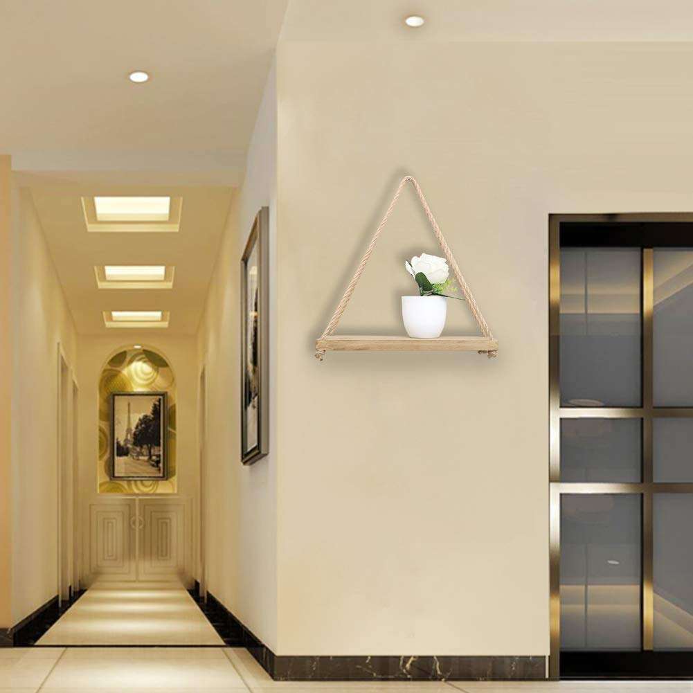 AB SALES Wooden Distressed Hanging Floating Shelves with String Rope with Hooks - 2 Pieces, Beige 6