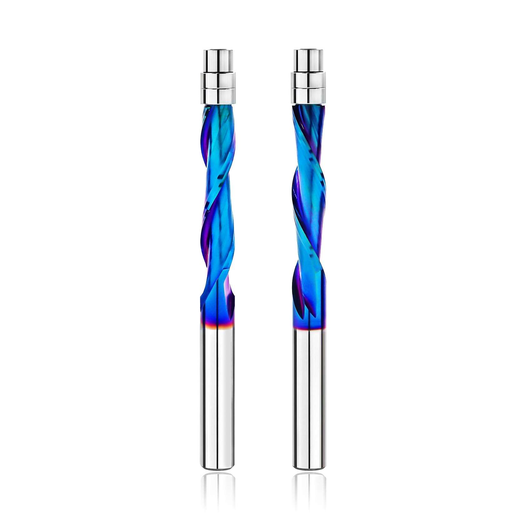 BGTEC Spiral Flush Trim Router Bits, 2pcs Up&Down Cut Spiral Bits, 1/4" Shank, 1-1/8" Cutting Length, Solid Carbide, Nano Coated for Woodworking Trimming 1