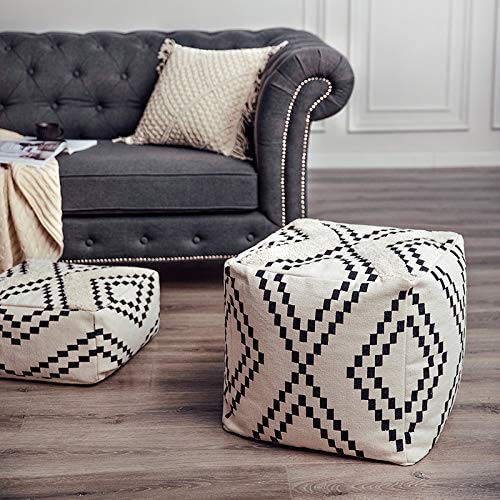 MOCOFO Decorative Square Pouf Cover for Bedroom Boho Cotton Unstuffed Pouf Footstool (Black Diamond,18x18x18) 3