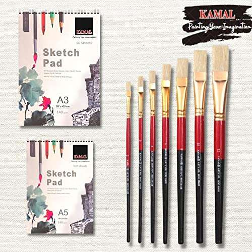 KAMAL Combo of Flat Wash Hog Hair Set of 7 with A5/A3 Sketch PAD Set of 2 140 GSM DOODLING, Painting, Sketching - Oil, Acrylic, Water, Poster Colours 6