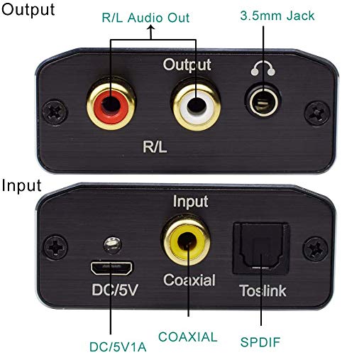 Microware Digital to Analog Audio Converter, 192Khz DAC Audio Aluminum Digital Coaxial Toslink Spdif Optical to R/L and 3.5mm Jack Audio DAC Converter Adapter with Fiber Cable 2