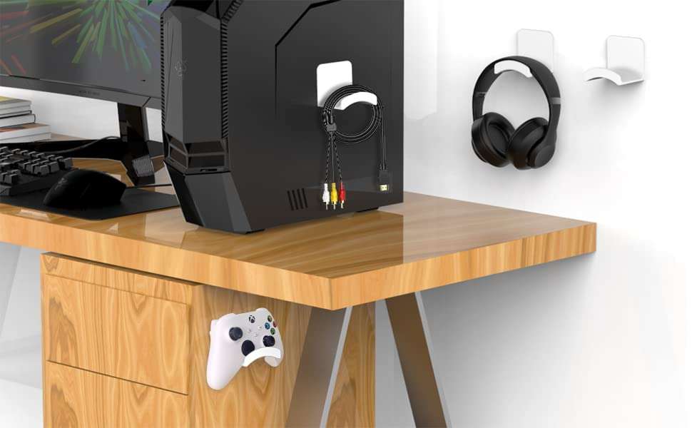 HomeMount Headphone Stand Headset Holder - Adhesive Gaming Headphone Hanger Hook Desk Mount for Most Headphone & Controller (White 2Pack) 6