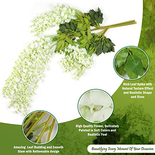 Ms Bloom Artificial Wisteria Vine - 12-Pack 3.6 Ft Spring Hanging Flowers Décor, Silk Plants Garlands for Sweet Home Kitchen Wall, Fake Plant Rattan for Outdoor Wedding Party Desk Decorations (White) 2