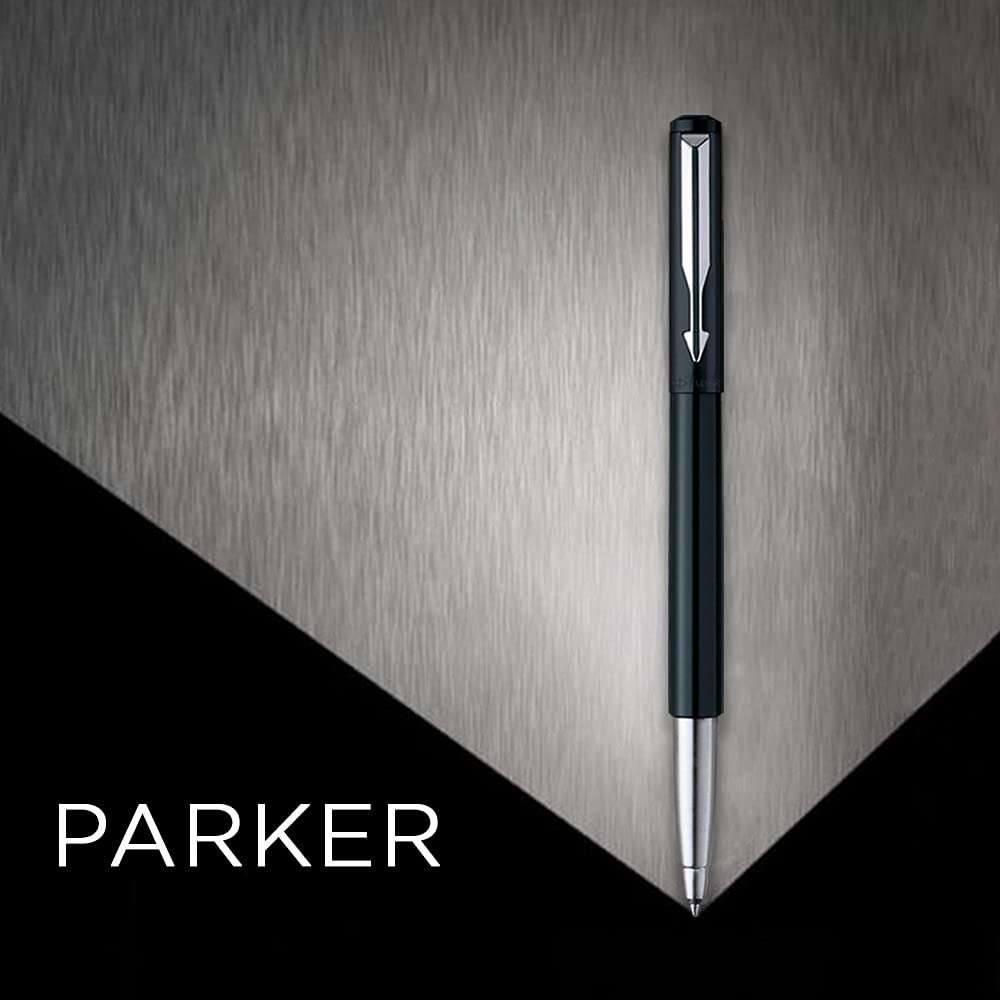Parker Vector Chrome Trim Black Roller Ball Pen with Free Card Holder (Black) Frontier Stainless Steel GT Ball Pen 4