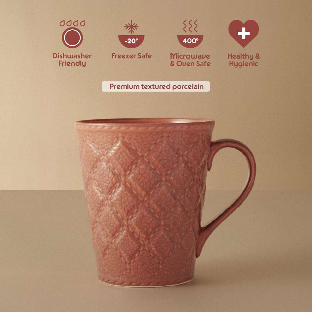 Borosil Porcelia 350 ml x 2pc Velvetto Merlot Tea/Coffee Mug Set | Porcelian Everyday Use Cups | Elegent Embossed Designs | Microwave & Dishwasher Safe Crockery for Gifting & Dining 6