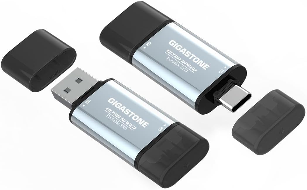 Gigastone Duo Go USB-A+C 1TB (2-Pack) Dual External Portable SSD 500MB/s Glossy Surface, Supports Apple 4K 60fps ProRes HDR Video Recording USB3.2 Gen 2 for iPhone 16 PS5 Mac iPad Laptop Android