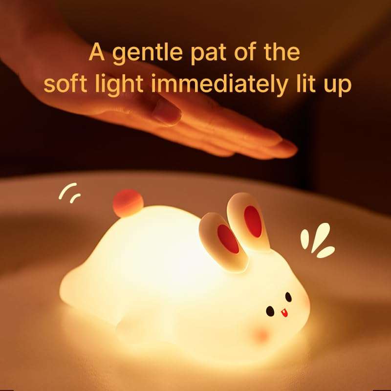 LYQTloml Lying Flat Rabbit Night Light, LED Squishy Buuny Rabbit, Cute Light Up Rabbit, Silicone Dimmable Nursery Nightlight, Rechargeable Bedside Touch Lamp for Breastfeeding, Finn The Rabbit 4