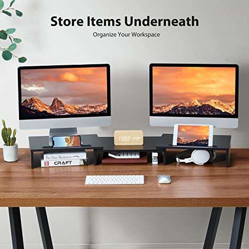 LORYERGO Dual Monitor Stand for 2 Monitors, Desk Riser With Storage, Computer Stand w/Slot for Tablet Cellphone, for PC, Laptop, Printer 2