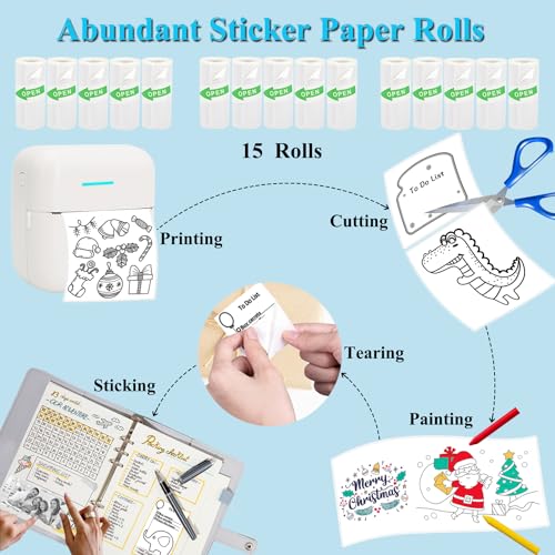 Vicbear 15 Rolls Mini Sticker Paper, Thermal Sticker Paper for Sticker Maker, Self-Adhesive Sticker Printer Paper, 57 x 25 mm, Compatible with Most Receipt Printers 4