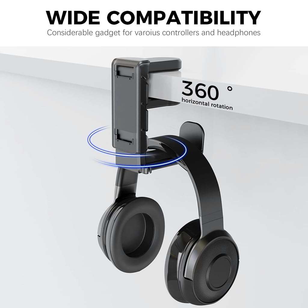 ZORBES® 3-in-1 PC Gaming Headset&Controller Holder, Headphone Stand with Adjustable Clamp&2 Controller Holder&Rotating Arm&Cable Organizer, 360 Degree Rotatable PC Gaming Accessory Headset Holder 5