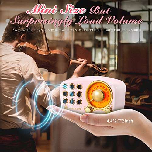 Retro Bluetooth Speaker, Vintage Radio-Greadio FM Radio with Old Fashioned Classic Style, Strong Bass Enhancement, Loud Volume, Bluetooth 5.0 Wireless Connection, TF Card and MP3 Player (Pink) 2