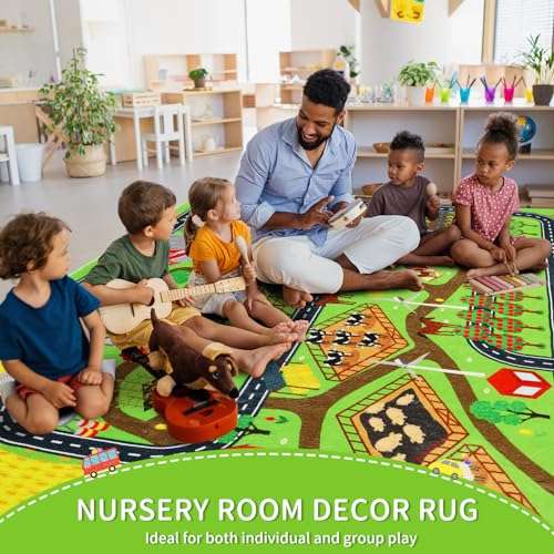 Mfmiudole Kids Rug Play Rug for Toy Cars, 39.4"×59" Farm Life Road Traffic for Playroom Kid Car Road Mat Village Map Play Mat Non-Slip Washable Carpet for Toddler Boy Family Tummy Time Playtime 4