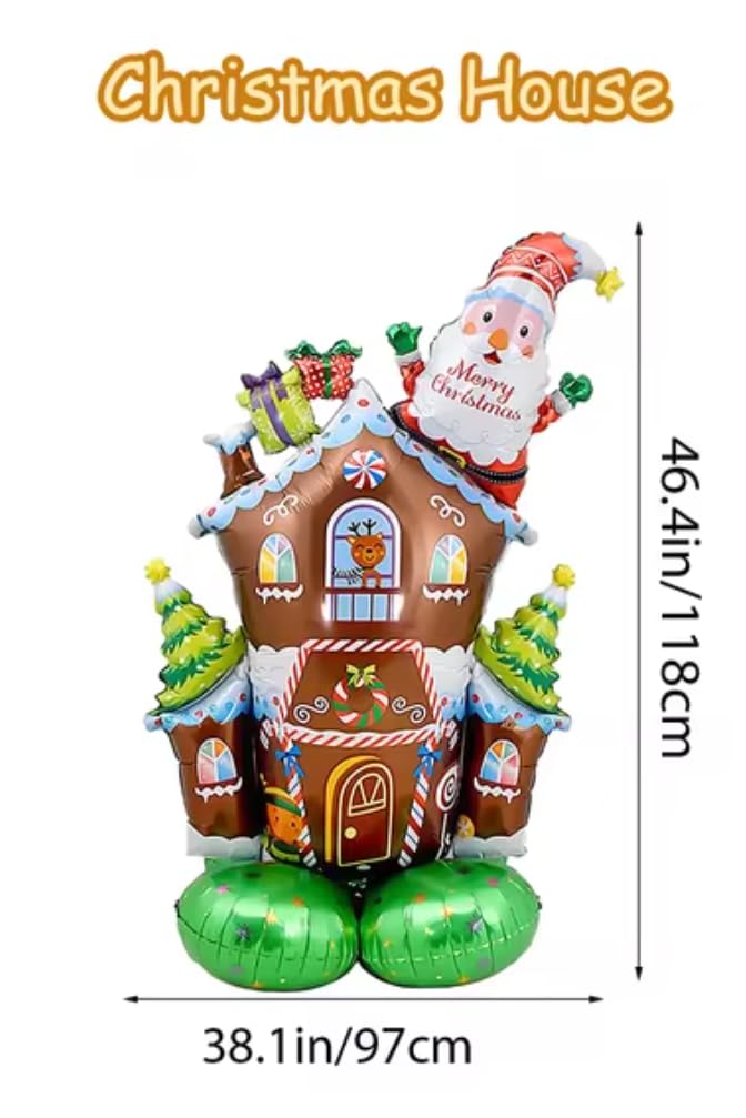 Atpata Funky Gingerbread Christmas House with Merry Christmas Santa Claus on Roof & Candy Gates Self Standing Foil Balloon with Balloon Base for Xmas Party Winter Decoration 6
