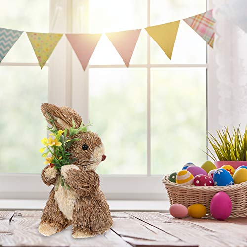 NUOBESTY Standing Bunny Figurine Straw Woven Easter Rabbit Holding Flower Doll Desktop Artificial Animal Model Sculpture Statue for Easter Day Garden Desktop Ornament 3