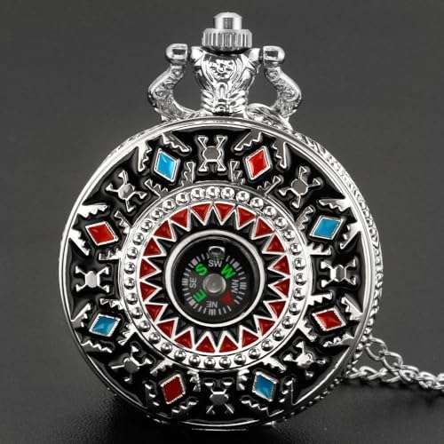 Retro Pocket Watch Relief Art American Southwest Cross Totem Compass Case Quartz Pocket Watch with Chain Christmas Graduation Birthday Gifts(Silver) 3