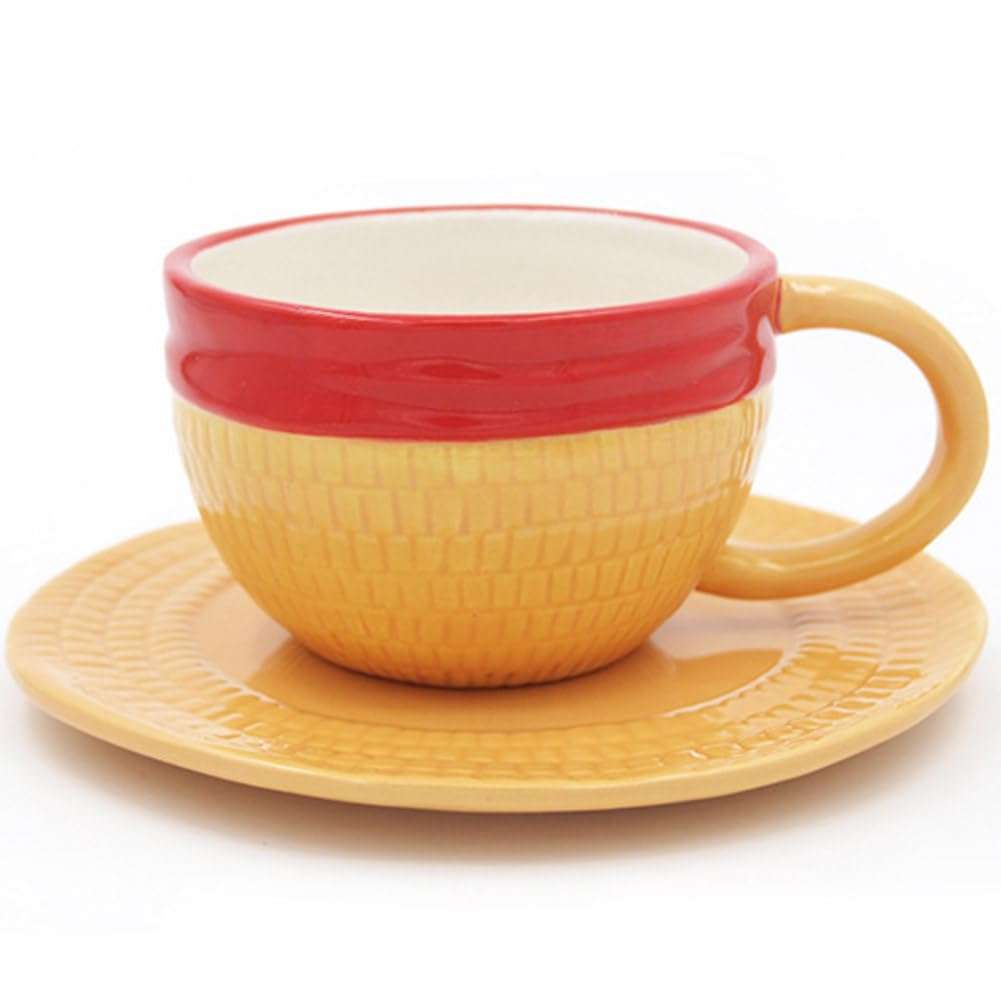 Novelty Creative Anime One Piece Ceramic Coffee Mug Set, Luffy Straw Hat Coffee Mug Cup Tumbler with Plate, Anime Merchandise Gift 3