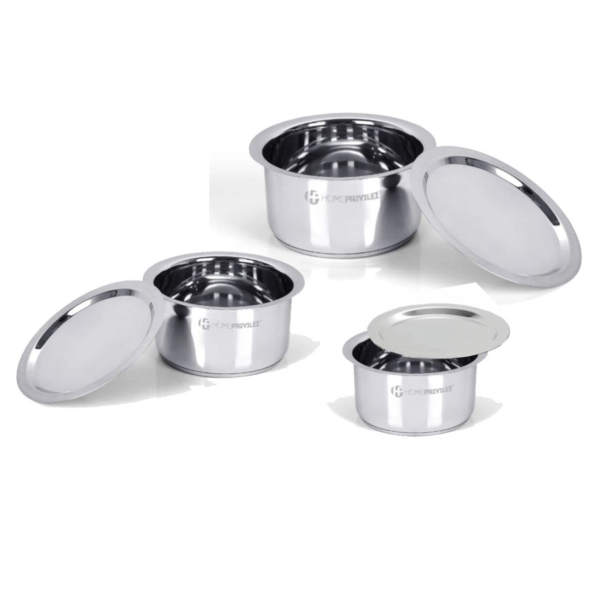 Steel Heavy Induction Patila Set with LID | Set of 3 Pcs – Silver | & | Aster 26 Pieces PVD Gold Cutlery Set (Gold, 8 inches)- (26) 1